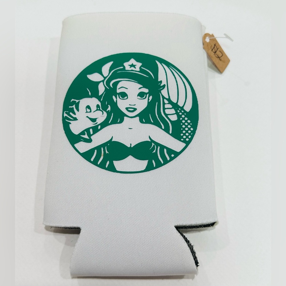 Handmade Slim Can Cooler with Mermaid & Fish Design – White Neoprene